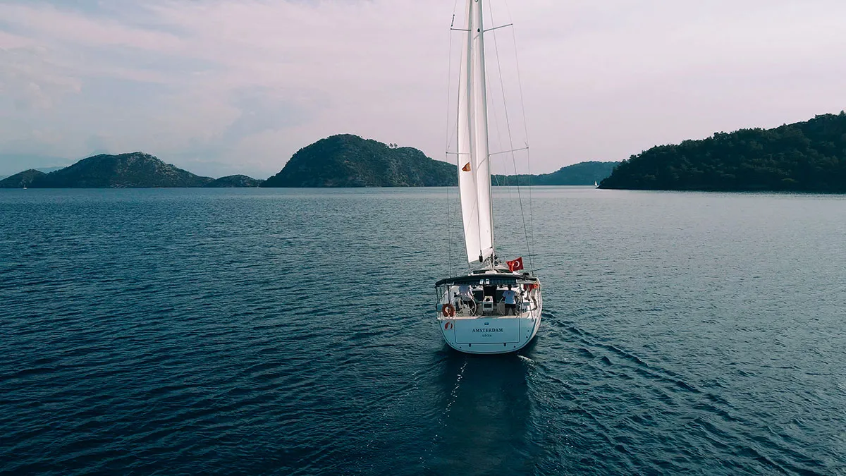 Exterior view of Amsterdam, a Bavaria Cruiser 46 sailboat at Fethiye, Turkey