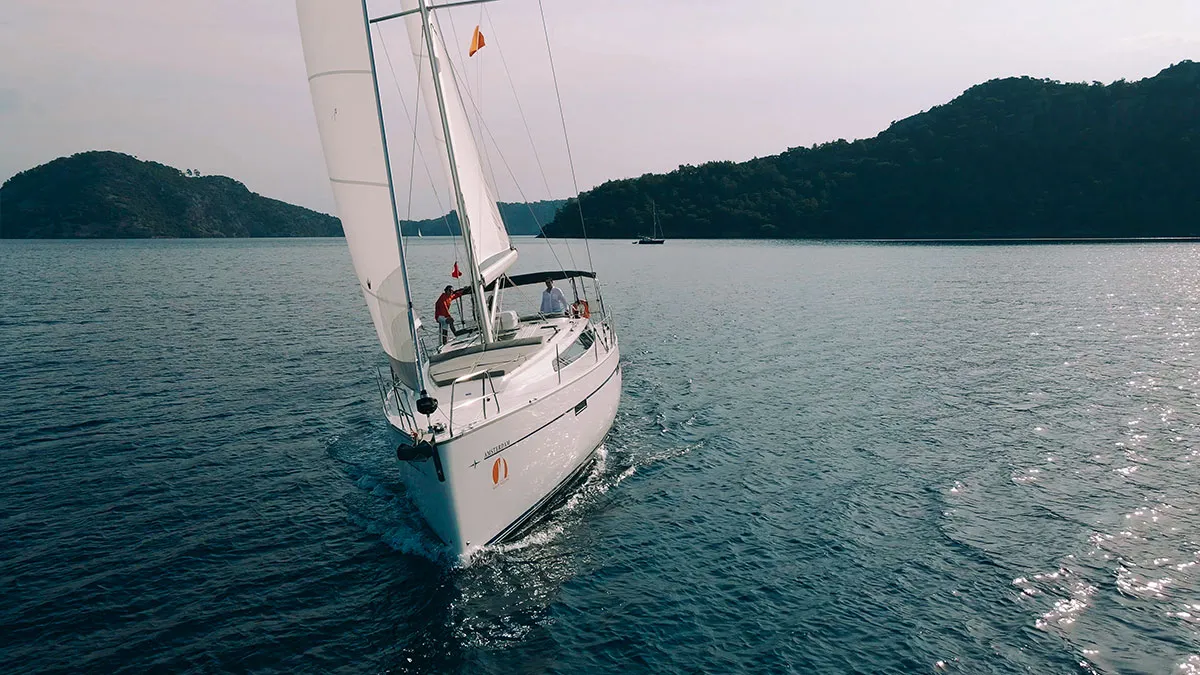 Exterior view of Amsterdam, a Bavaria Cruiser 46 sailboat at Fethiye, Turkey