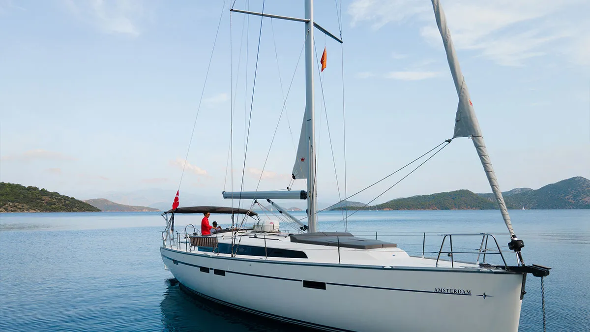 Exterior view of Amsterdam, a Bavaria Cruiser 46 sailboat at Fethiye, Turkey