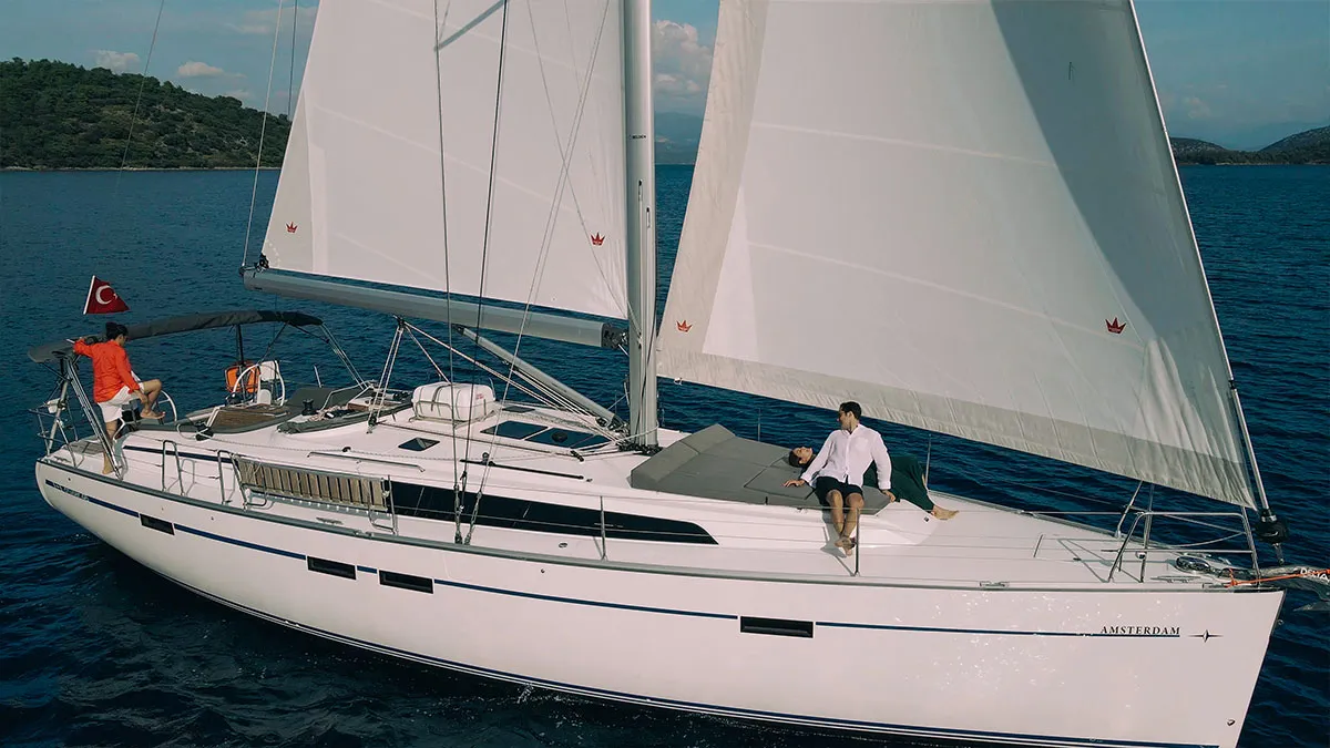 Exterior view of Amsterdam, a Bavaria Cruiser 46 sailboat at Fethiye, Turkey