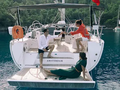 Deck of Amsterdam, a Bavaria Cruiser 46 sailboat at Fethiye, Turkey