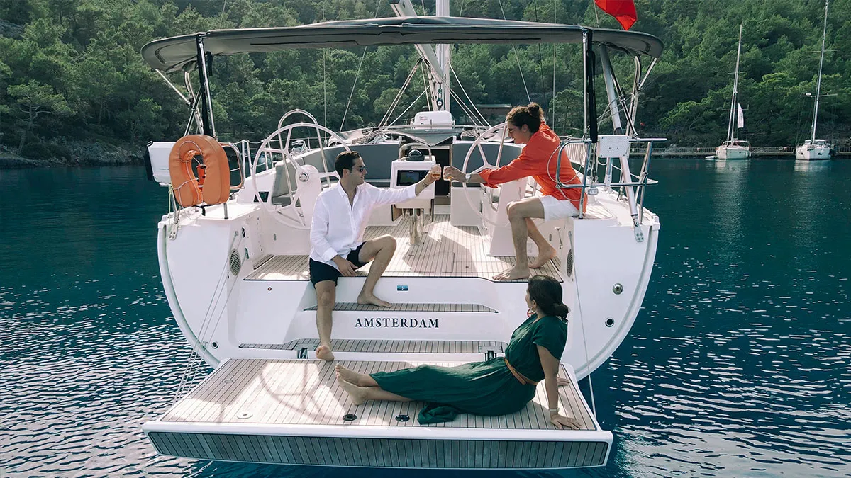 Deck of Amsterdam, a Bavaria Cruiser 46 sailboat at Fethiye, Turkey