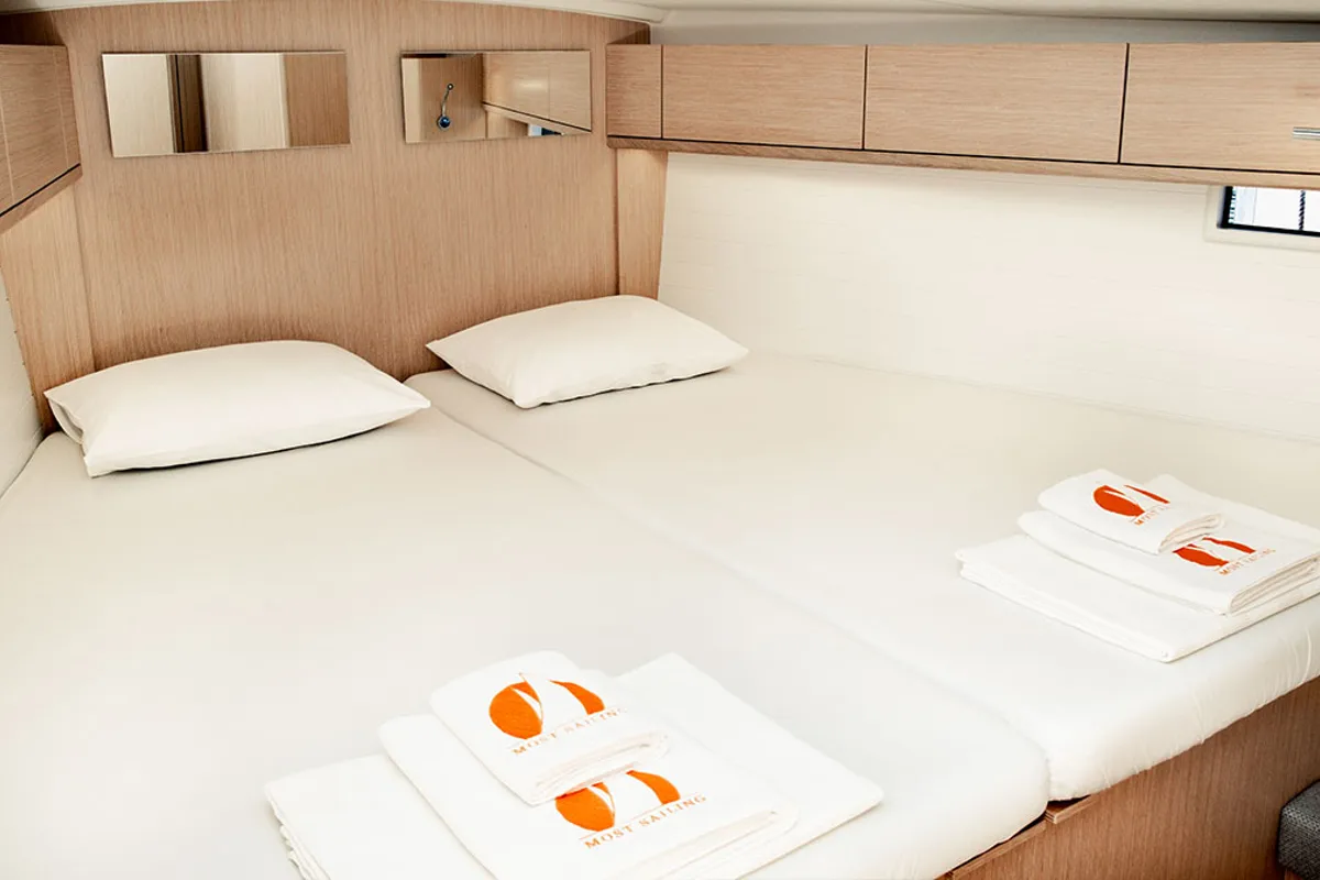 Cabin on Amsterdam, a Bavaria Cruiser 46 sailboat at Fethiye, Turkey