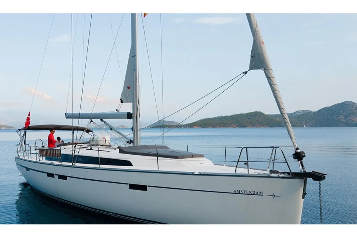 Exterior view of Amsterdam, a Bavaria Cruiser 46 sailboat at Fethiye, Turkey