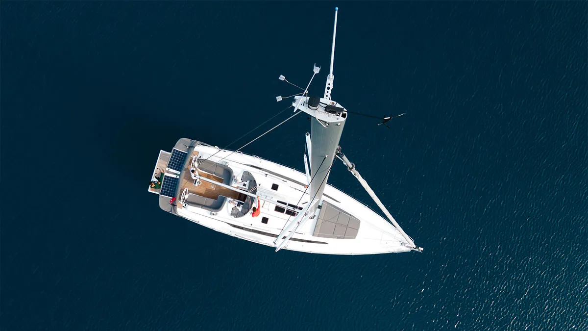 Exterior view of Amsterdam, a Bavaria Cruiser 46 sailboat at Fethiye, Turkey