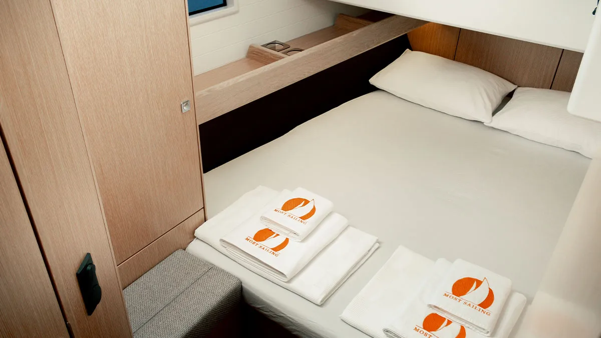 Cabin on Amsterdam, a Bavaria Cruiser 46 sailboat at Fethiye, Turkey