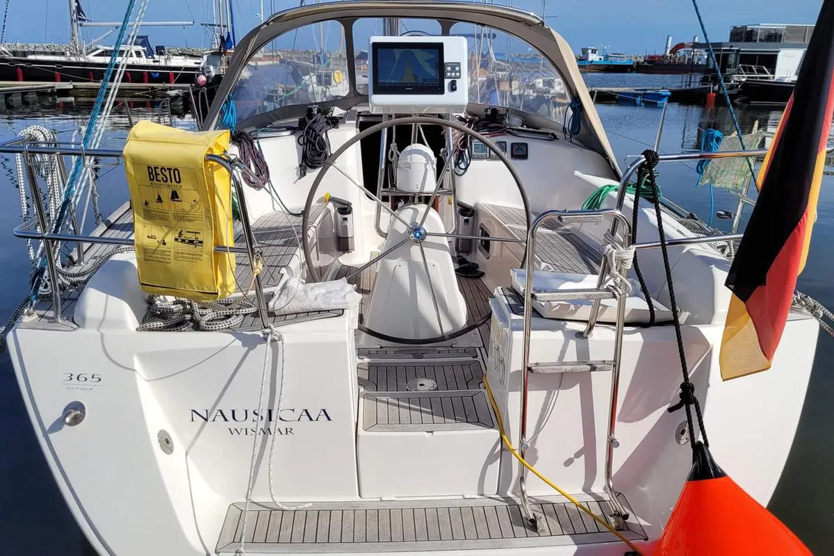 Cockpit of Nausicaa, a Dufour 365 GL sailboat at Barth, Germany