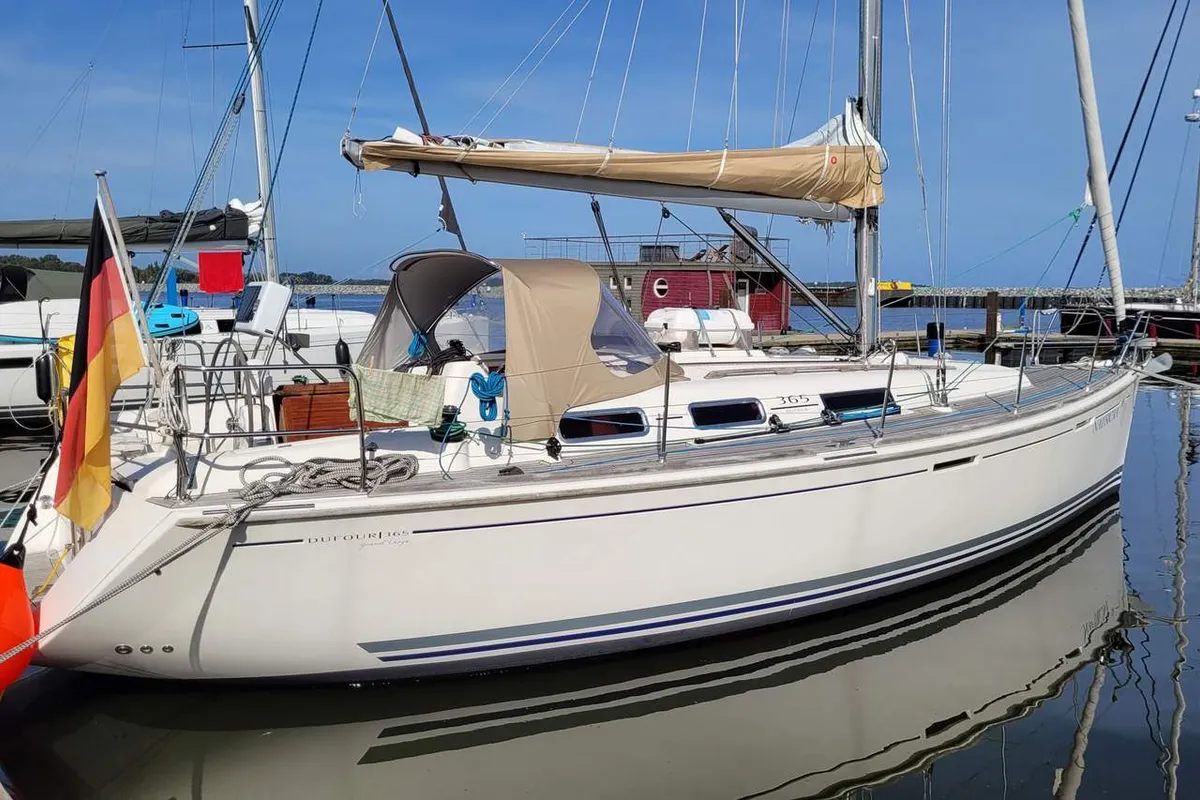 Exterior view of Nausicaa, a Dufour 365 GL sailboat at Barth, Germany