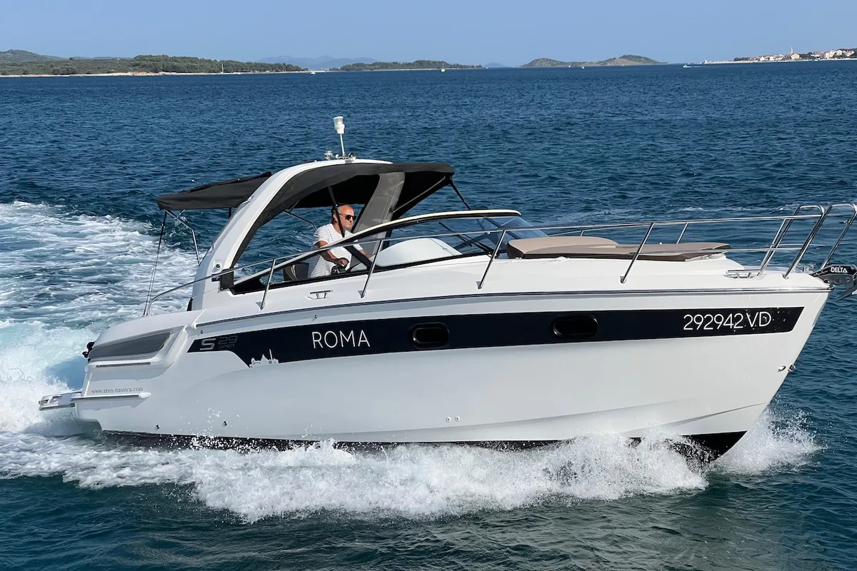 Exterior view of Roma, a Bavaria S29+ motorboat at Grad Pula, Croatia