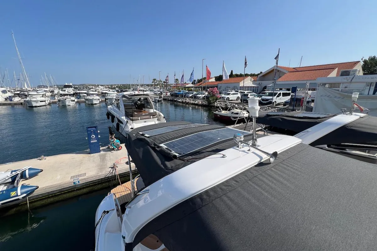 Deck of Roma, a Bavaria S29+ motorboat at Grad Pula, Croatia