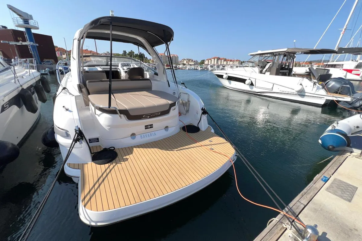 Exterior view of Roma, a Bavaria S29+ motorboat at Grad Pula, Croatia