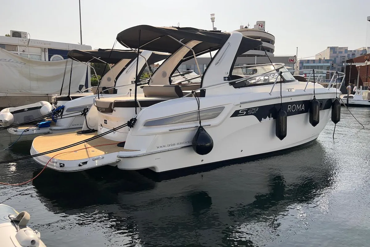 Exterior view of Roma, a Bavaria S29+ motorboat at Grad Pula, Croatia