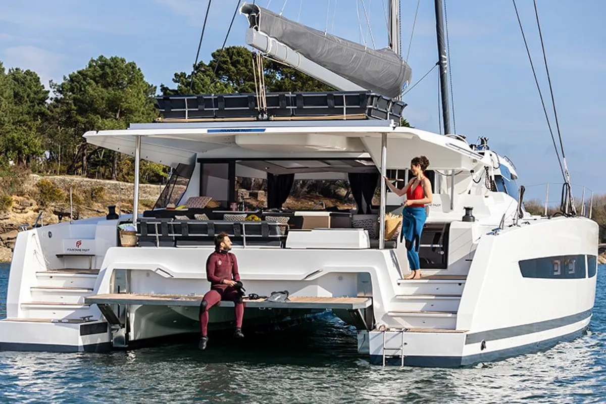 Exterior view of Big Big Plans, a Fountaine Pajot Aura 51 catamaran at Road Town, British Virgin Islands