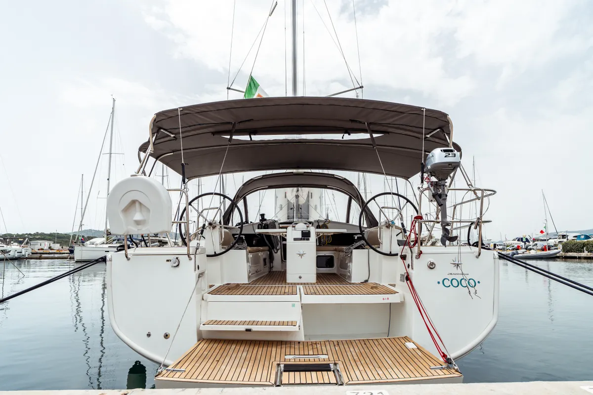 Exterior view of Coco, a Jeanneau Sun Odyssey 440 sailboat at Olbia, Italy