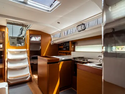 Salon of Coco, a Jeanneau Sun Odyssey 440 sailboat at Olbia, Italy