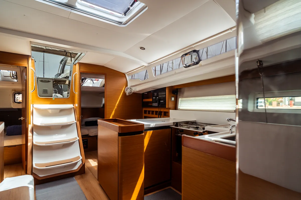 Salon of Coco, a Jeanneau Sun Odyssey 440 sailboat at Olbia, Italy