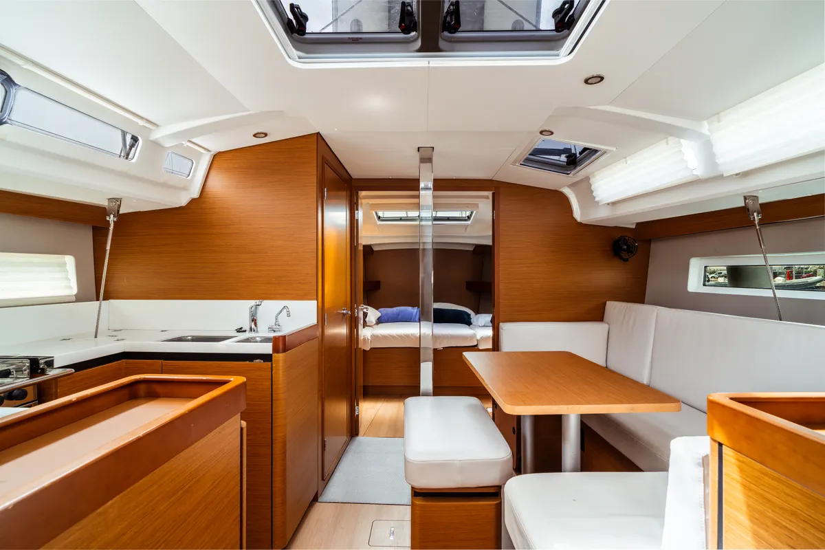 Salon of Coco, a Jeanneau Sun Odyssey 440 sailboat at Olbia, Italy
