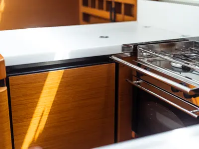 Galley of Coco, a Jeanneau Sun Odyssey 440 sailboat at Olbia, Italy