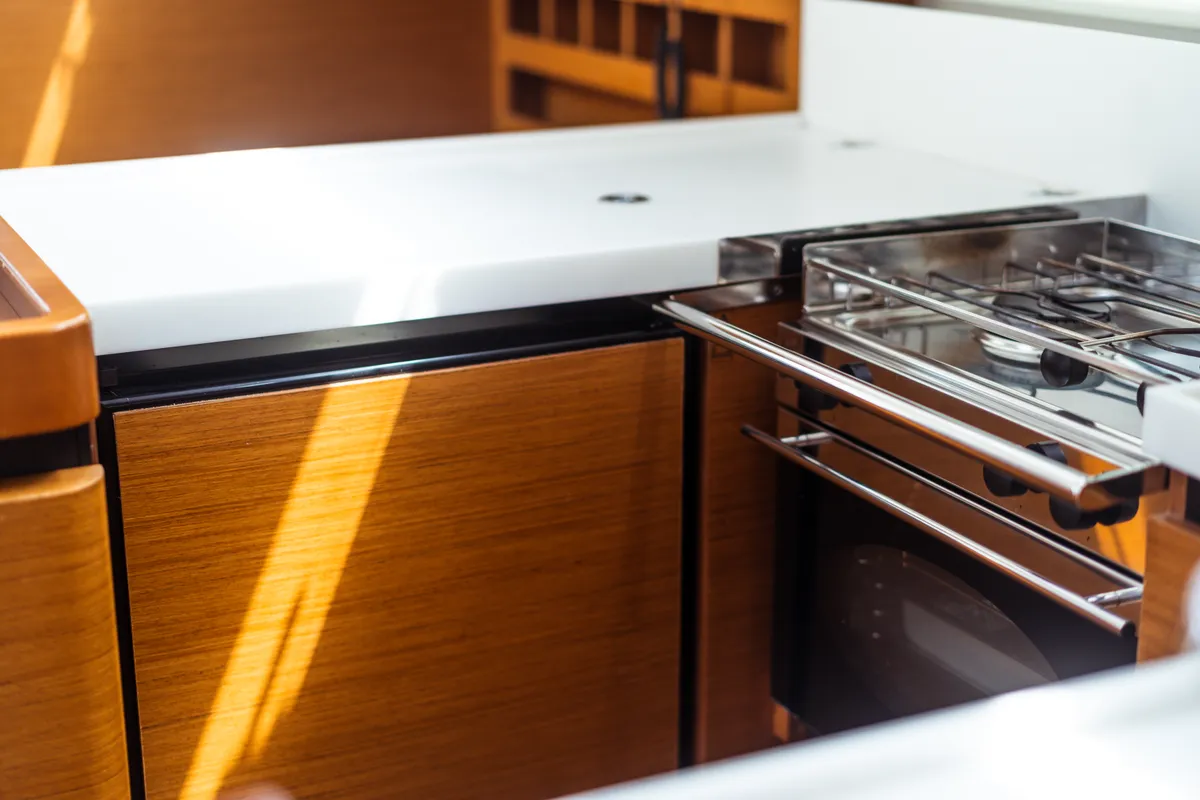 Galley of Coco, a Jeanneau Sun Odyssey 440 sailboat at Olbia, Italy