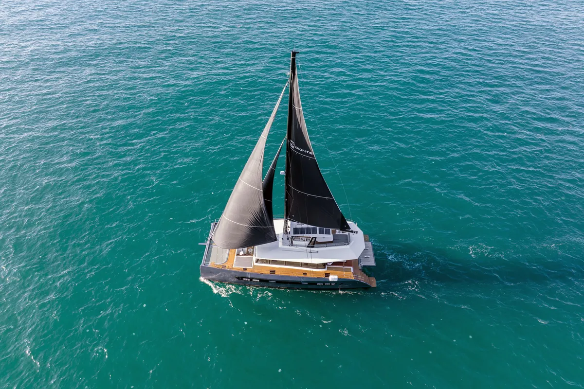 Exterior view of HANI I, a Gulet Catamaran catamaran at Lavreotiki, Greece