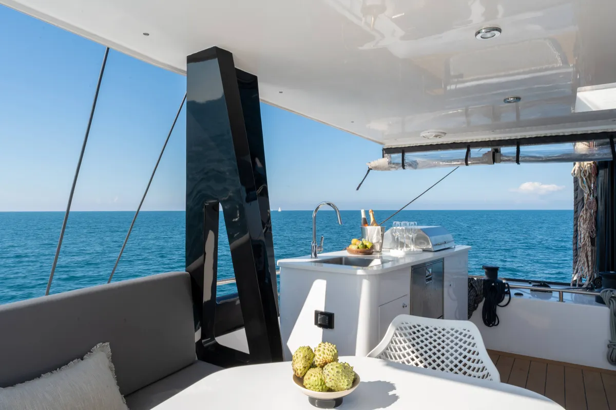 Deck of HANI I, a Gulet Catamaran catamaran at Lavreotiki, Greece