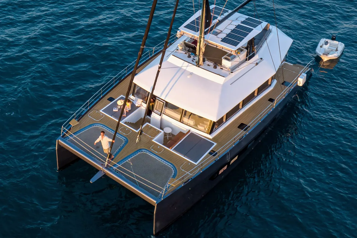 Exterior view of HANI I, a Gulet Catamaran catamaran at Lavreotiki, Greece