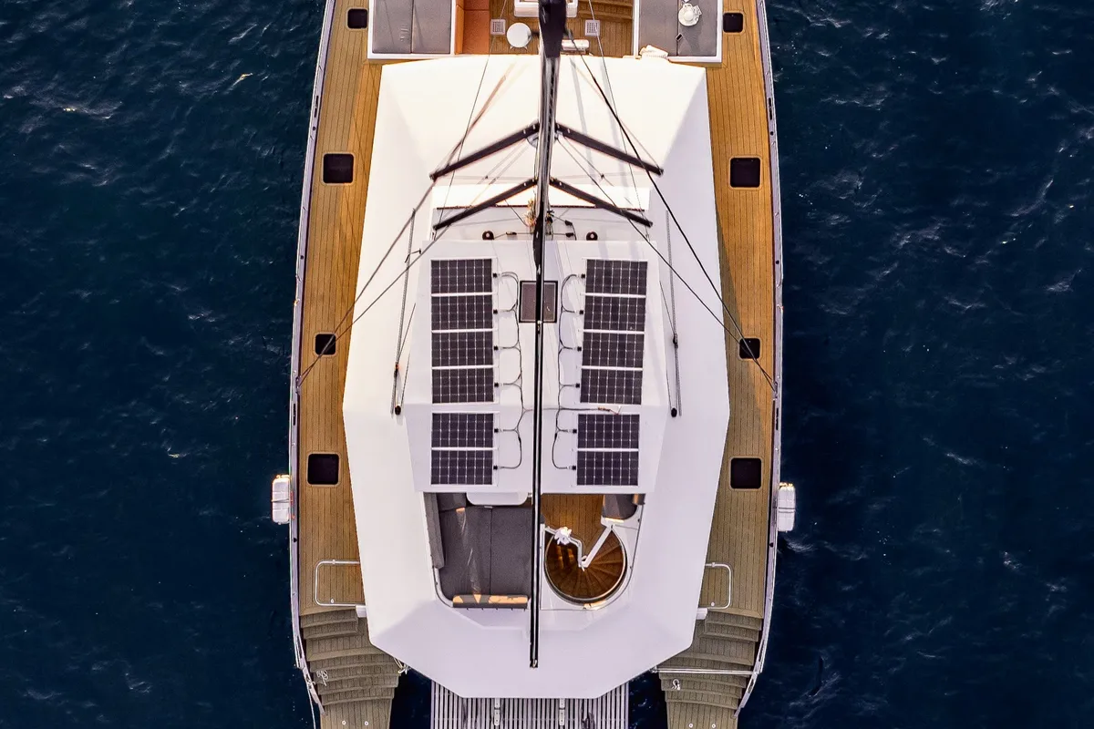 Exterior view of HANI I, a Gulet Catamaran catamaran at Lavreotiki, Greece