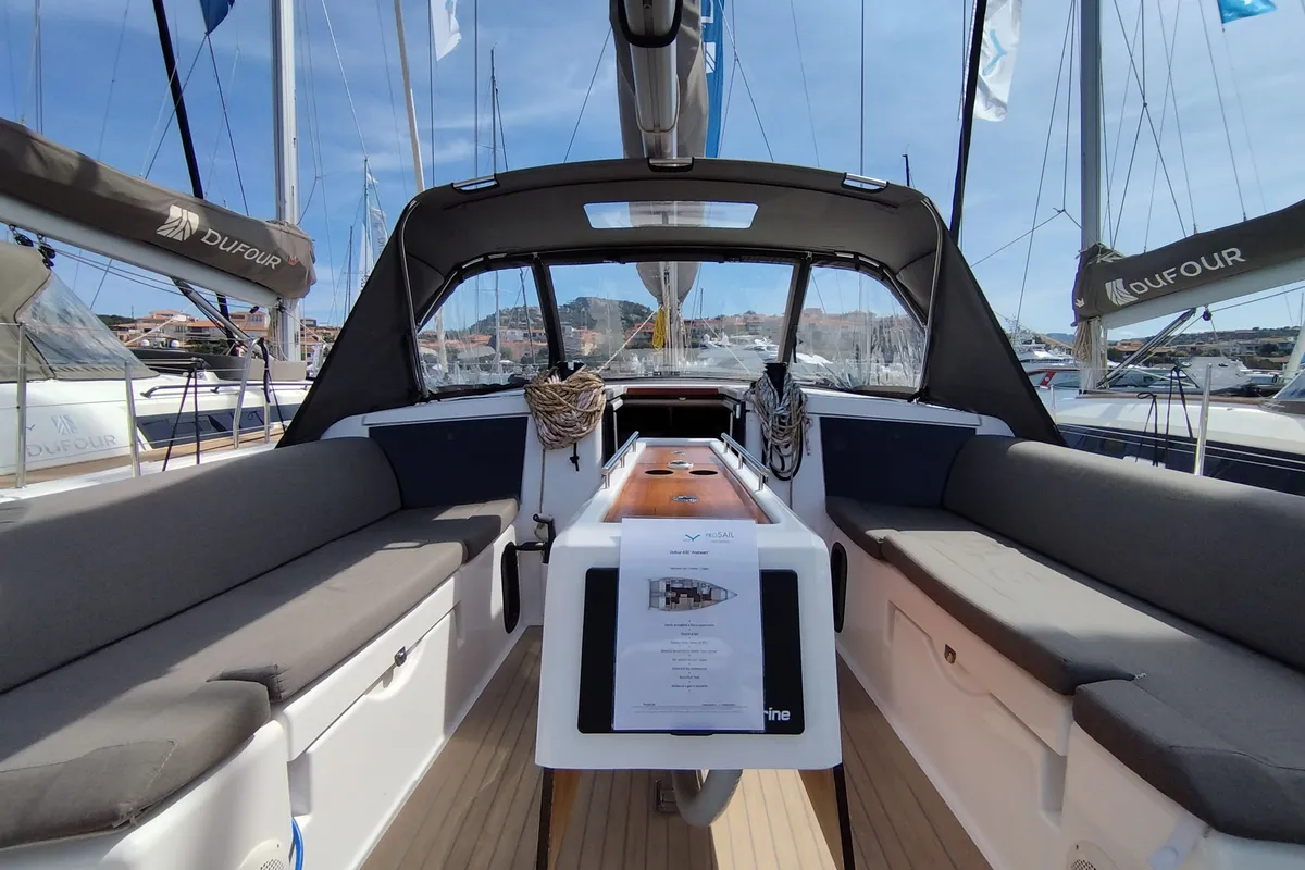 Deck of Andream, a Dufour 430 sailboat at Olbia, Italy