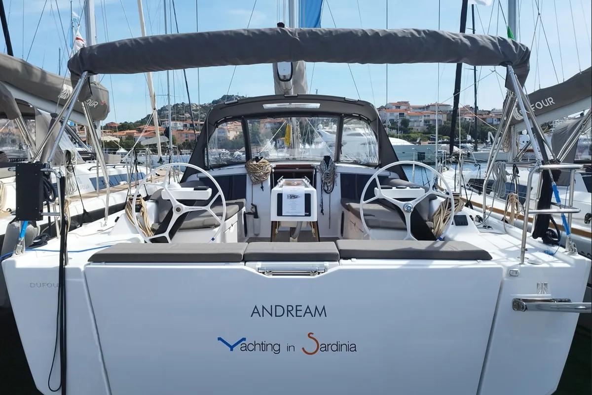 Exterior view of Andream, a Dufour 430 sailboat at Olbia, Italy