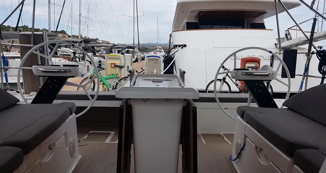 Cockpit of Andream, a Dufour 430 sailboat at Olbia, Italy