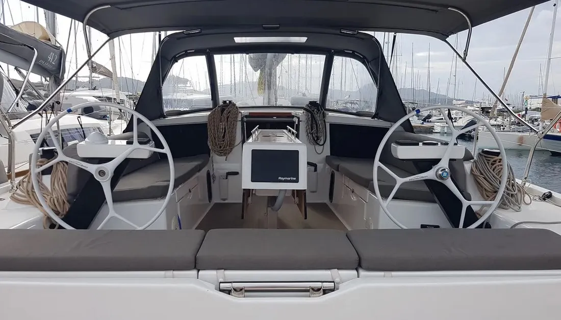Cockpit of Andream, a Dufour 430 sailboat at Olbia, Italy