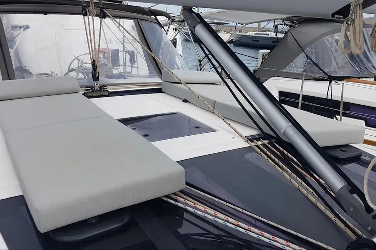 Deck of Andream, a Dufour 430 sailboat at Olbia, Italy