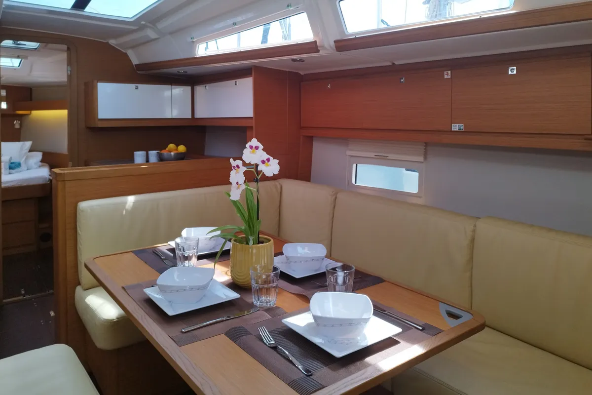 Salon of Andream, a Dufour 430 sailboat at Olbia, Italy