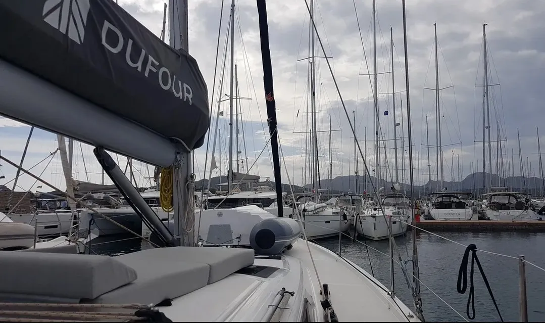 Cockpit of Andream, a Dufour 430 sailboat at Olbia, Italy