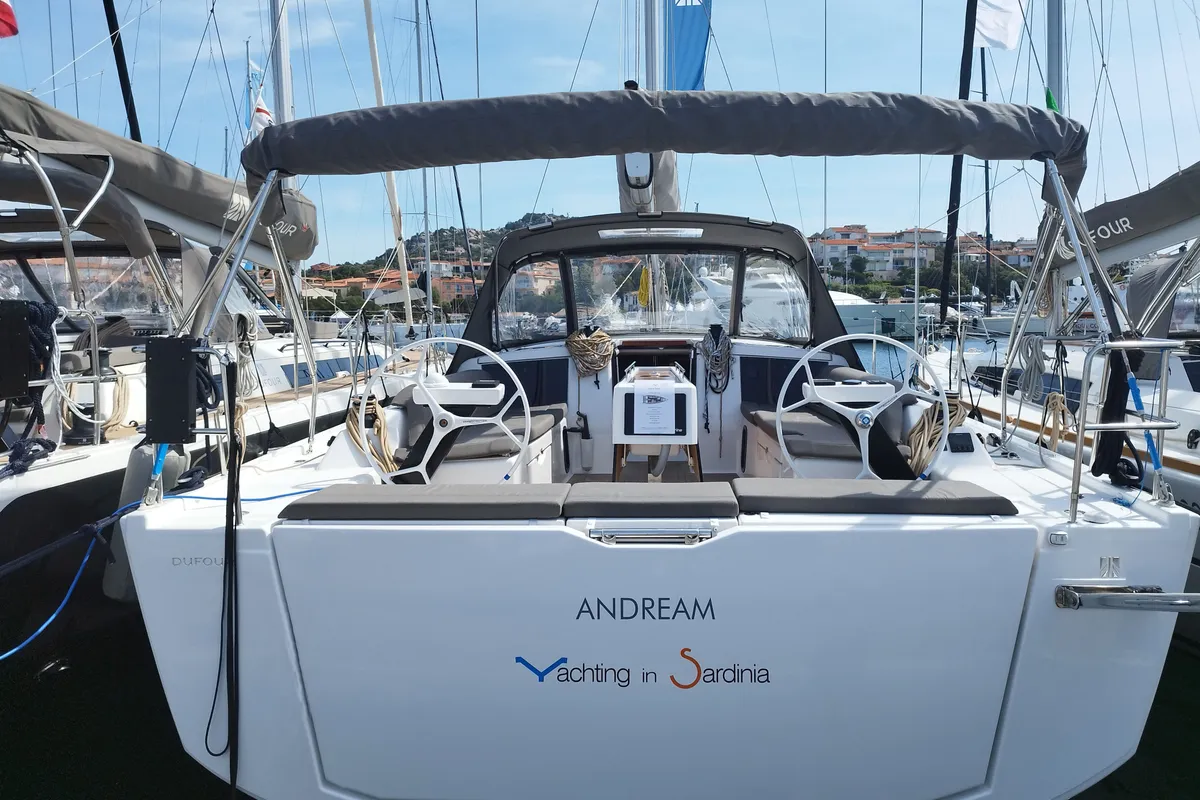 Exterior view of Andream, a Dufour 430 sailboat at Olbia, Italy