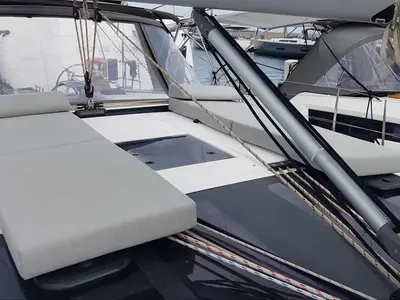 Deck of Andream, a Dufour 430 sailboat at Olbia, Italy