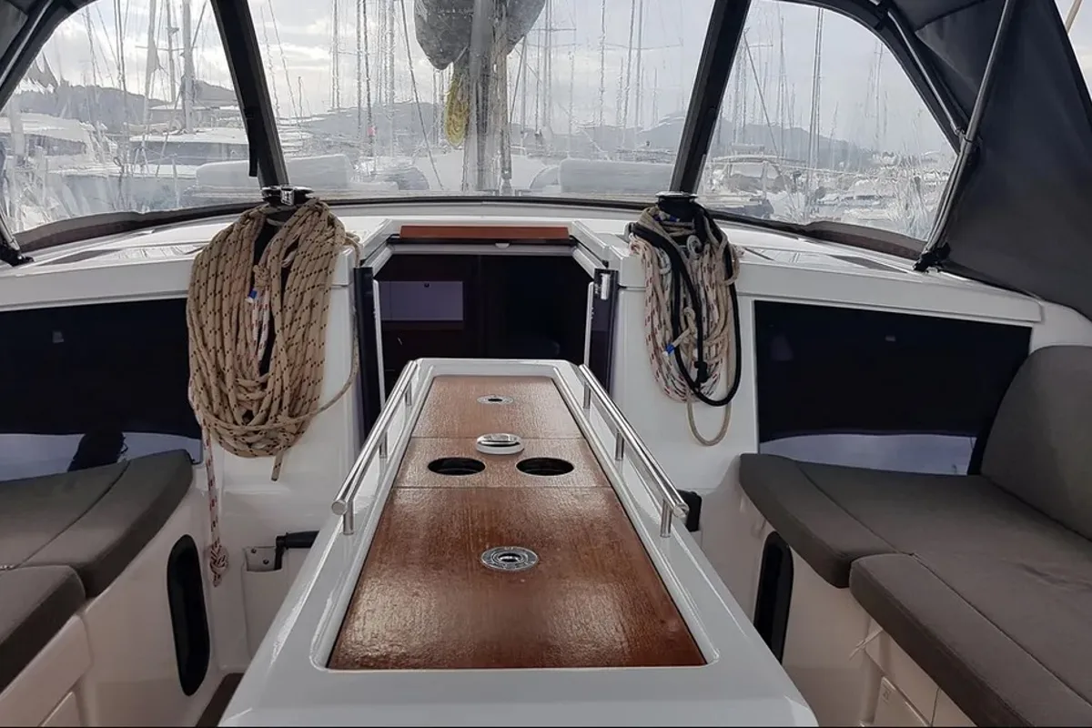 Deck of Andream, a Dufour 430 sailboat at Olbia, Italy