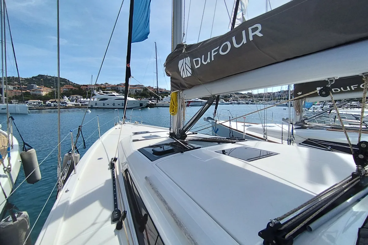 Deck of Andream, a Dufour 430 sailboat at Olbia, Italy