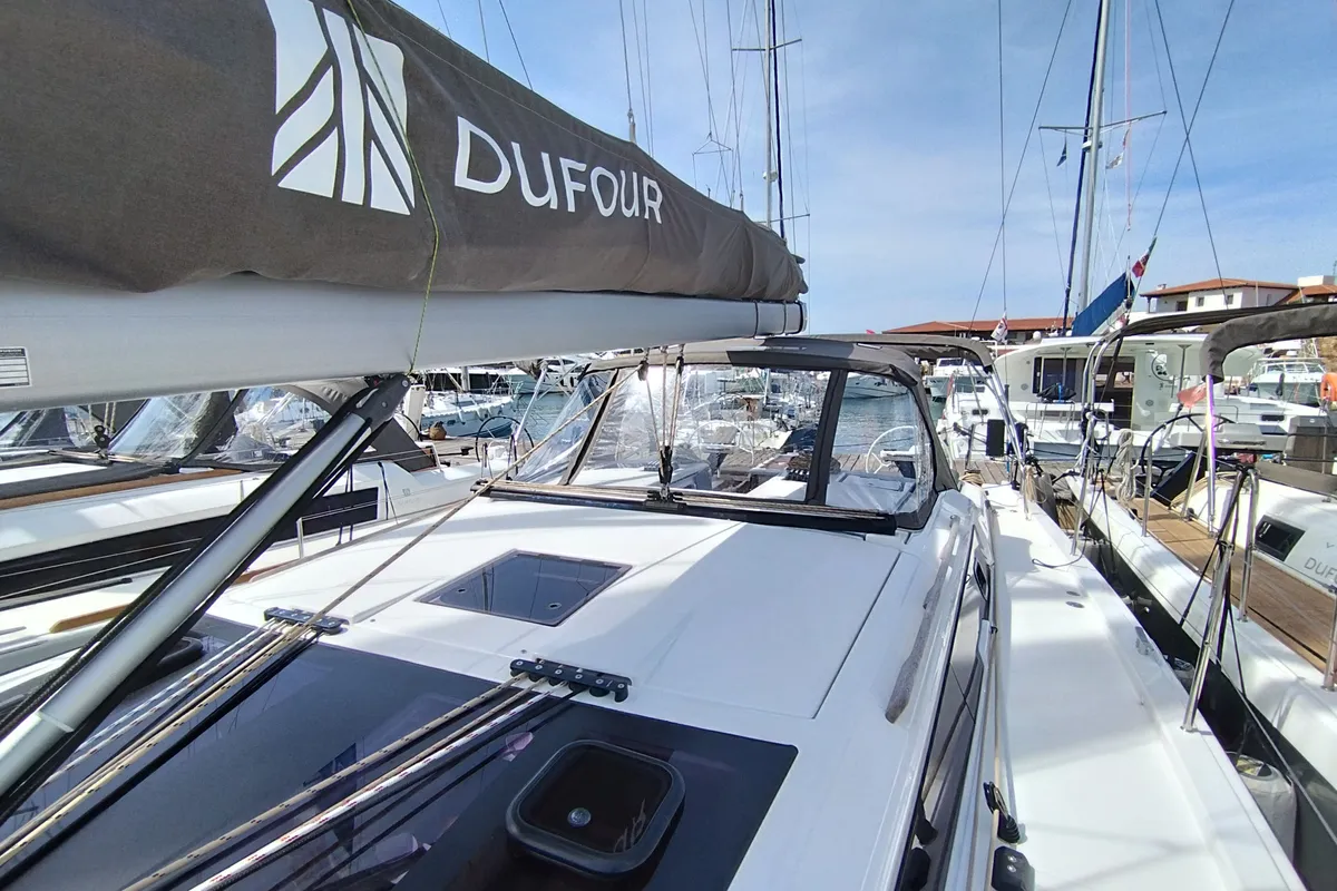 Deck of Andream, a Dufour 430 sailboat at Olbia, Italy