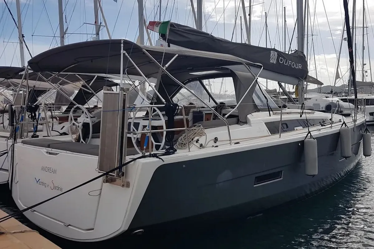Exterior view of Andream, a Dufour 430 sailboat at Olbia, Italy