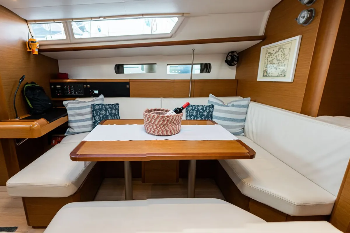 Salon of Filippos I, a Jeanneau Sun Odyssey 479 sailboat at Municipal Unit of Lefkada, Greece