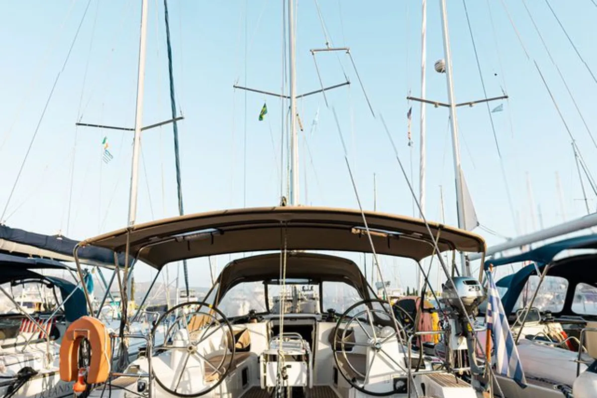 Cockpit of Filippos I, a Jeanneau Sun Odyssey 479 sailboat at Municipal Unit of Lefkada, Greece