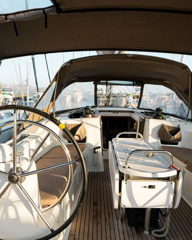 Cockpit of Filippos I, a Jeanneau Sun Odyssey 479 sailboat at Municipal Unit of Lefkada, Greece