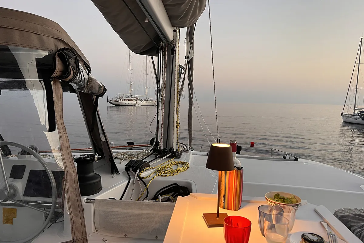 Deck of Bliss Luxury Catamaran, a Bali 4.4 catamaran at Capo d'Orlando, Italy