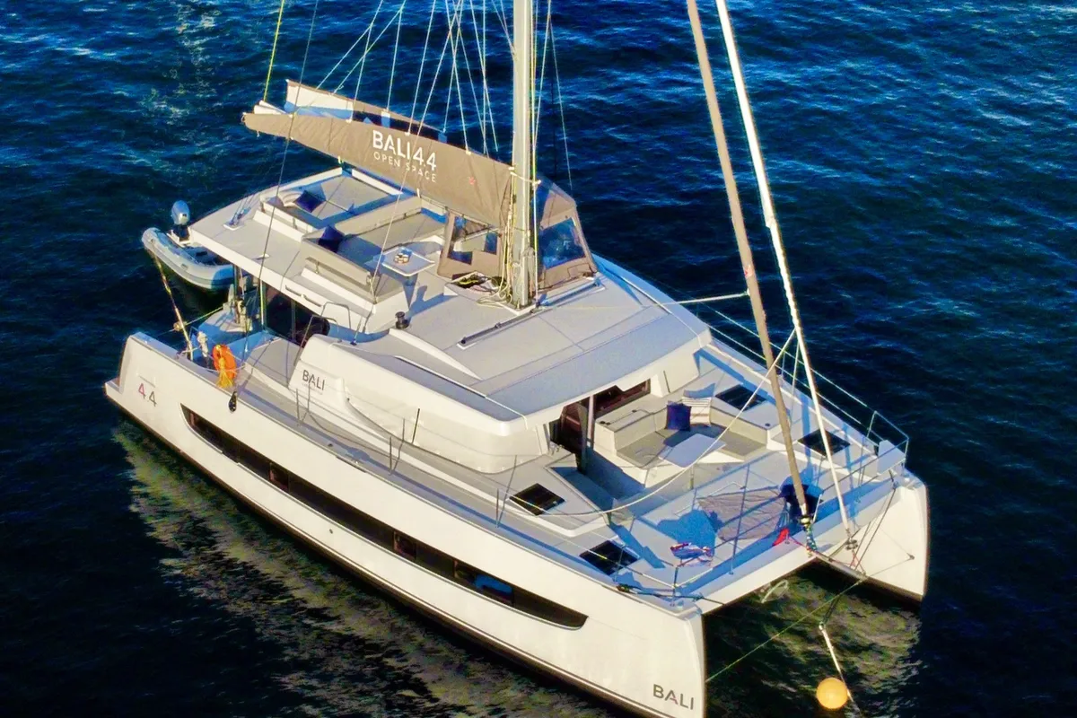 Exterior view of Bliss Luxury Catamaran, a Bali 4.4 catamaran at Capo d'Orlando, Italy
