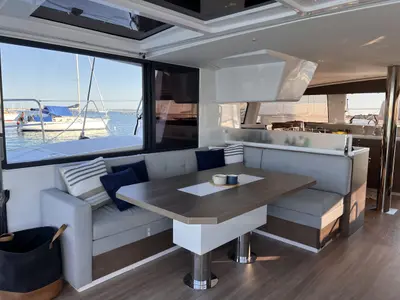 Salon of Bliss Luxury Catamaran, a Bali 4.4 catamaran at Capo d'Orlando, Italy