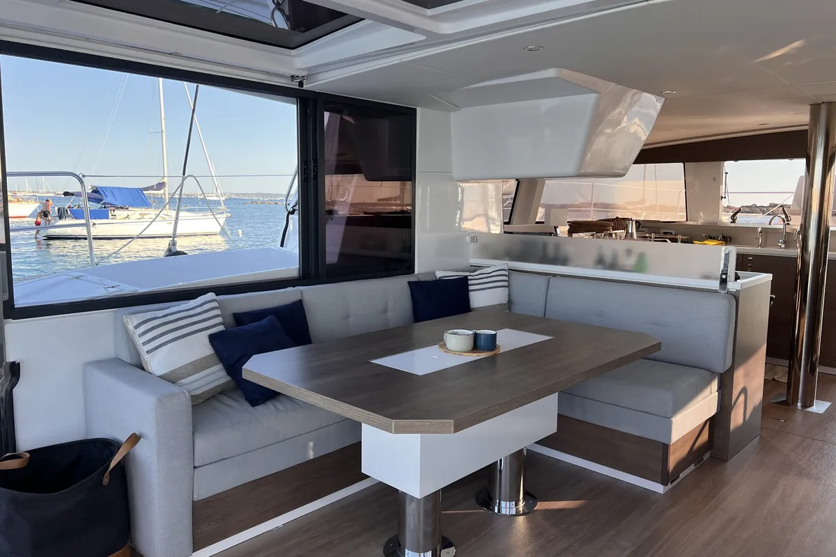 Salon of Bliss Luxury Catamaran, a Bali 4.4 catamaran at Capo d'Orlando, Italy
