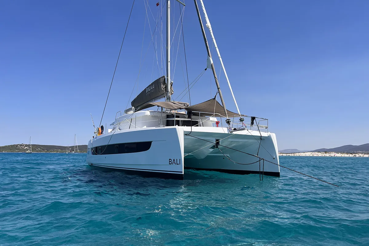 Exterior view of Bliss Luxury Catamaran, a Bali 4.4 catamaran at Capo d'Orlando, Italy