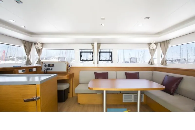 Salon of Hydra VIII, a Lagoon 450 F catamaran at Athens, Greece
