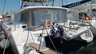 Deck of Hydra VIII, a Lagoon 450 F catamaran at Athens, Greece